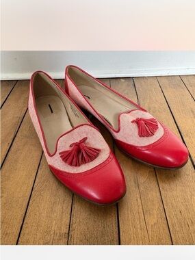 J. Crew Red Leather and Canvas Tassel Loafers